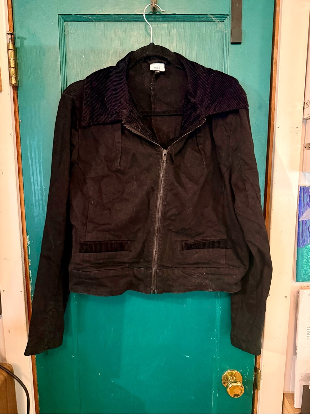 Cabi Black Women's Zip-Front Jacket with Corduroy Collar